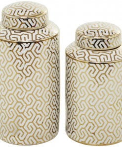 ceramic decorative jars with white floral patterns set