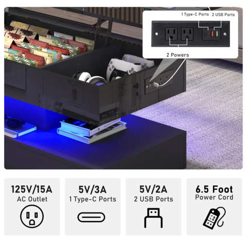 47.2" large lift top led modern high glossy coffee table with charging station