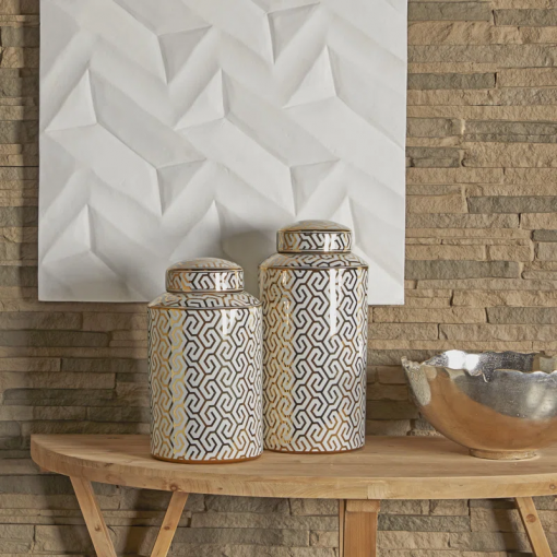 ceramic decorative jars with white floral patterns set