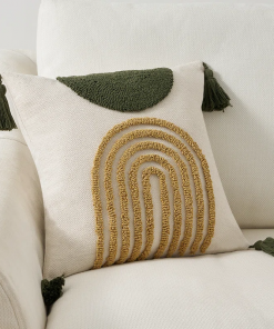 tufted throw pillow cover with handwoven stripes, linen cotton decorative cushion case, 18x18 inch set of 1