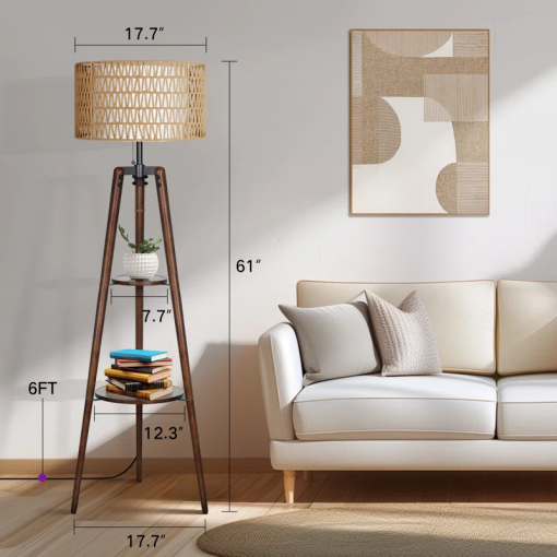 acklins 61" dimmable tripod floor lamp rattan linen dual lampshades, remote bulbs