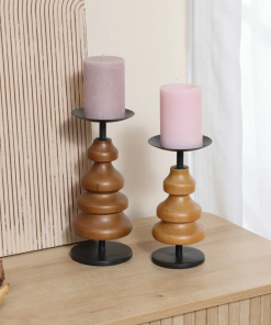 2 piece wood tabletop set with metal candle holders