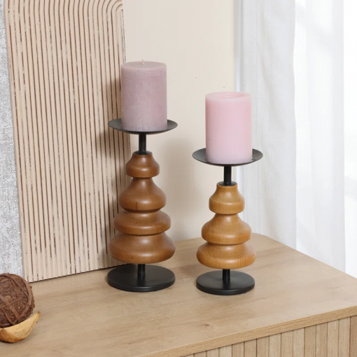 2 piece wood tabletop set with metal candle holders