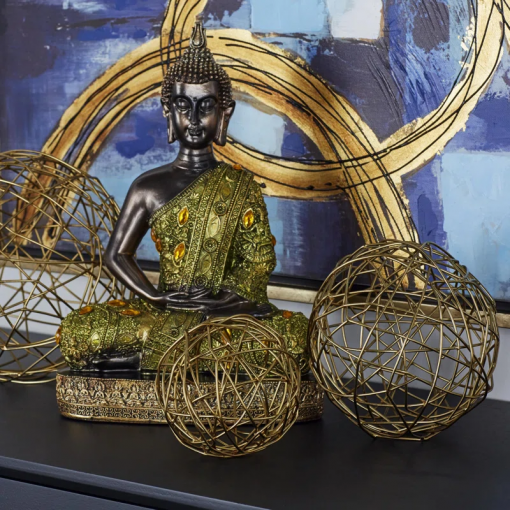gold metal geometric wire orb decorative sculpture, set of 3 8", 6", 4"d