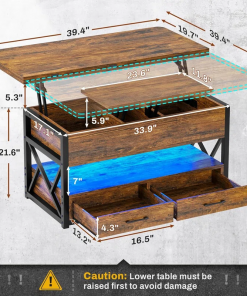 themistocles lift top wheel coffee table with drawers rgb led lights hidden compartment