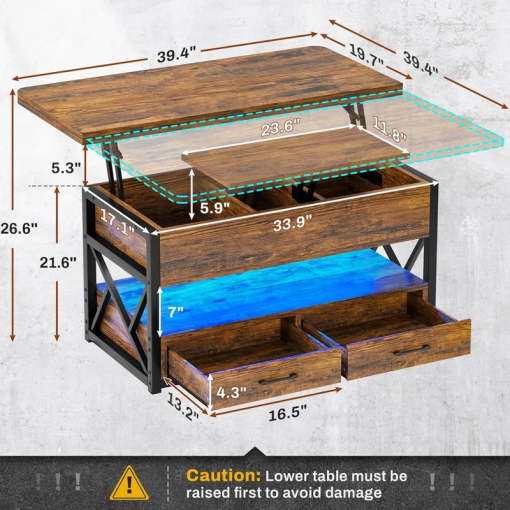 themistocles lift top wheel coffee table with drawers rgb led lights hidden compartment