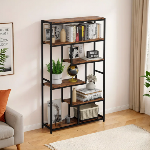 suva bookshelves and bookcases 6 shelf etagere bookcase, industrial open display shelves geometric bookcase with sturdy metal frame