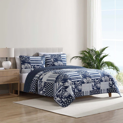 coastline avalon patchwork cotton reversible navy quilt set