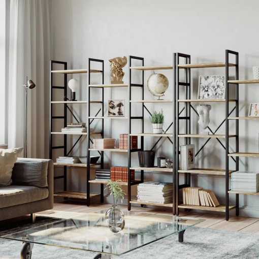 maziah bookcases and bookshelves triple wide 5 tiers industrial bookshelf, large etagere bookshelf open display shelves with metal frame for living room bedroom home office