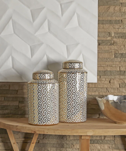 ceramic decorative jars with white floral patterns set