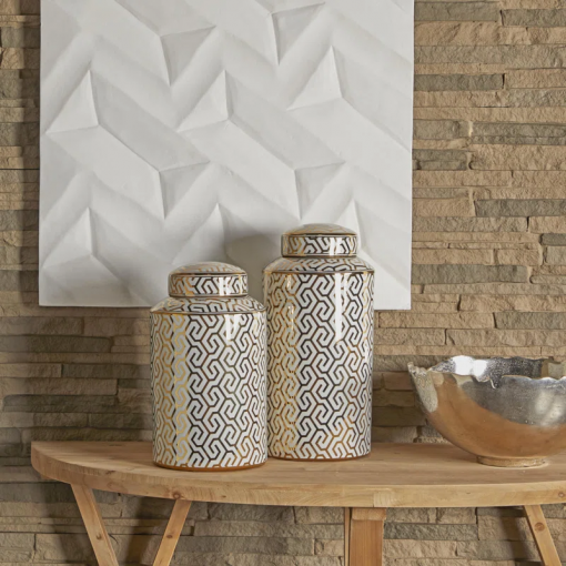 ceramic decorative jars with white floral patterns set