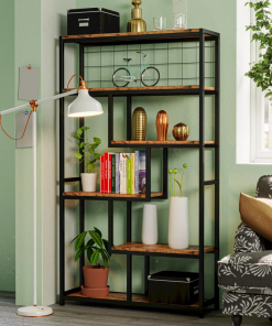 suva bookshelves and bookcases 6 shelf etagere bookcase, industrial open display shelves geometric bookcase with sturdy metal frame