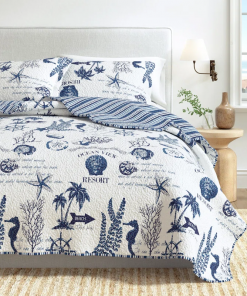 navy / white nautical reversible quilt set with shams
