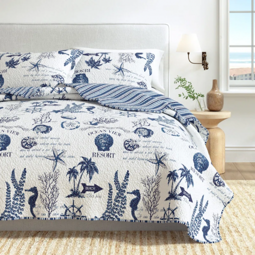 navy / white nautical reversible quilt set with shams