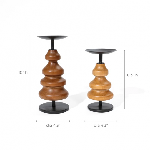 2 piece wood tabletop set with metal candle holders