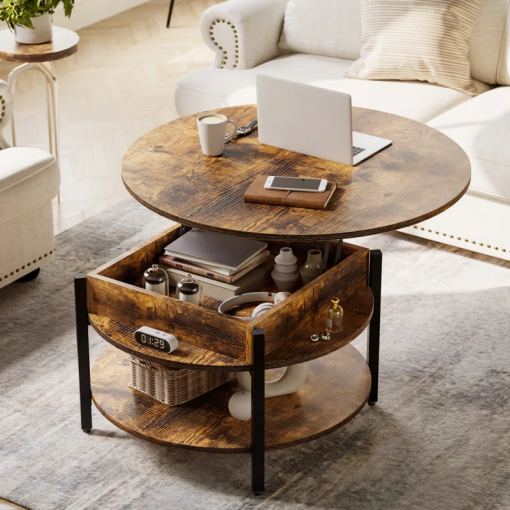 wynny 27"w round lift top wood coffee table with storage