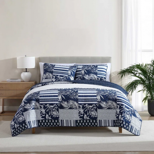 coastline avalon patchwork cotton reversible navy quilt set