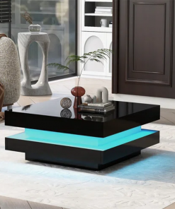 deontea pedestal high gloss minimalist design with led lights, 2 tier square coffee table, center table, living room table