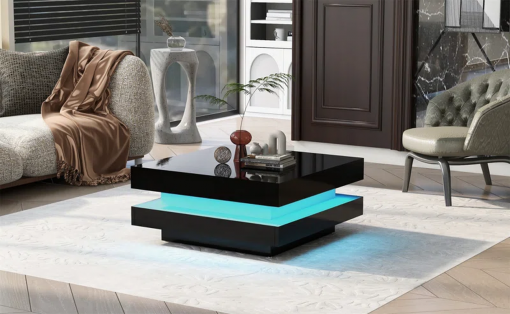 deontea pedestal high gloss minimalist design with led lights, 2 tier square coffee table, center table, living room table