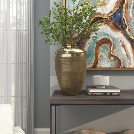 aluminum metal brushed decorative gold vase with hammered top