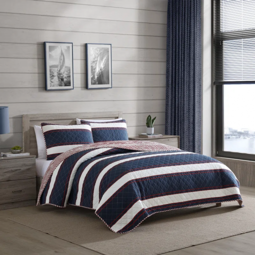 prospect harbor wesley blue cotton reversible quilt set