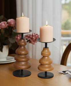 2 piece wood tabletop set with metal candle holders
