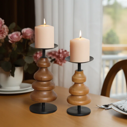 2 piece wood tabletop set with metal candle holders