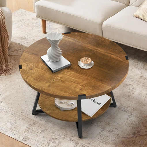 jahaira round coffee table with 2 tier storage shelves