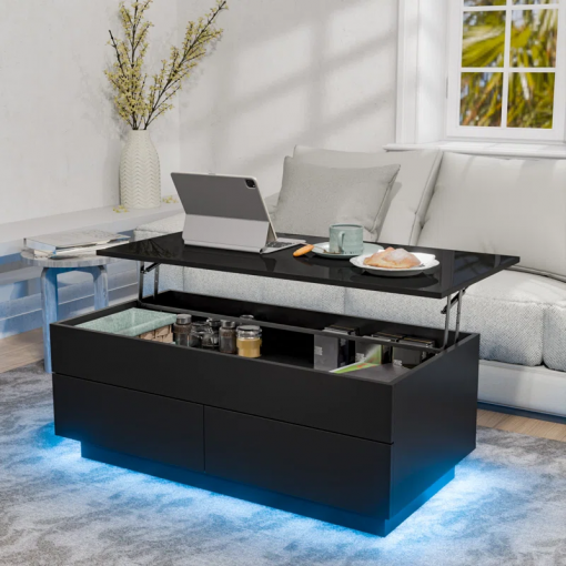 chappa lift top coffee table with multifunctional rgb led lights, hidden compartment and drawers