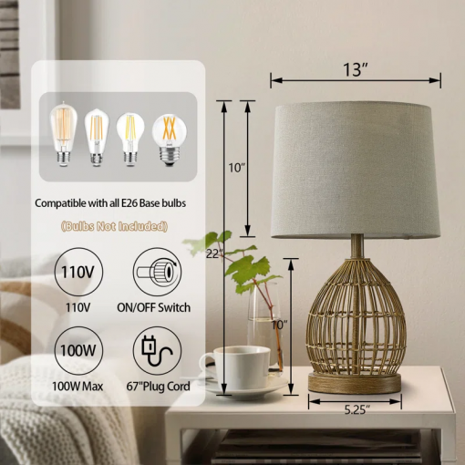 22" traditional rattan table lamp with usb for living room/bedroom