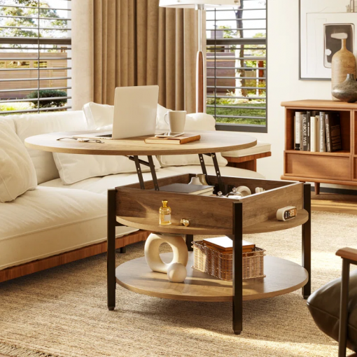 wynny 27"w round lift top wood coffee table with storage