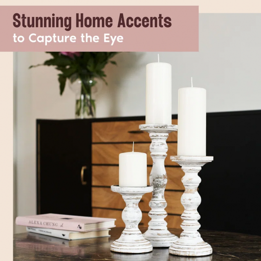 12'' handcrafted mango wood pillar candle holder set – rustic 3 piece set for led candles