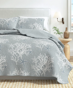coral / starfish reversible coastal quilt set with shams