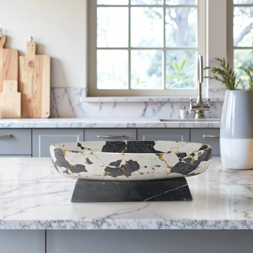 18" calhoun bowl with marble base, black/white