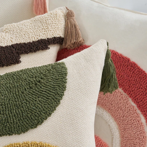 tufted throw pillow cover with handwoven stripes, linen cotton decorative cushion case, 18x18 inch set of 1
