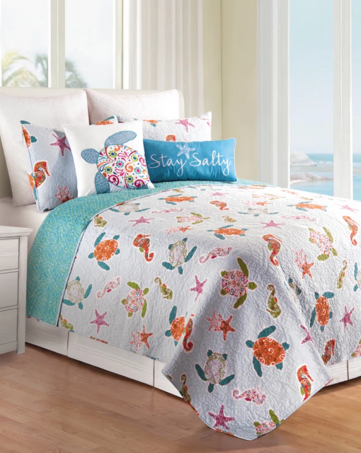 st. kitts cotton reversible coastal beach turtle reversible quilt set