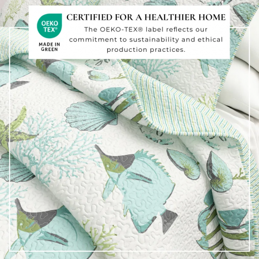 blue / green fish & seashell quilt set with shams