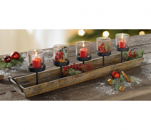 5 pillar candelabra centerpiece with glass cups and rustic wood tray