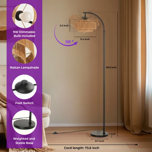 aarzo 69.6'' arched/arc rattan floor lamp with led light and remote control