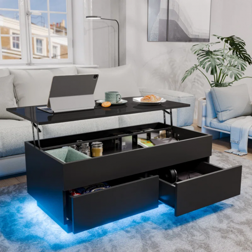 chappa lift top coffee table with multifunctional rgb led lights, hidden compartment and drawers
