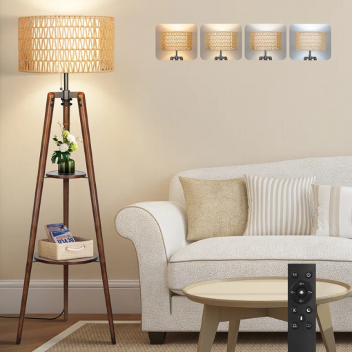 acklins 61" dimmable tripod floor lamp rattan linen dual lampshades, remote bulbs