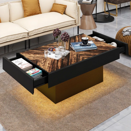 pedestal coffee table with 2 drawers, led coffee table with music sync
