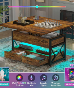themistocles lift top wheel coffee table with drawers rgb led lights hidden compartment