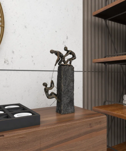 gray polystone people climbing decorative sculpture with bronze detailing, 7