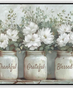 bottled plant thankful grateful blessed inspirational green floral rustic mason jar large canvas print wall art