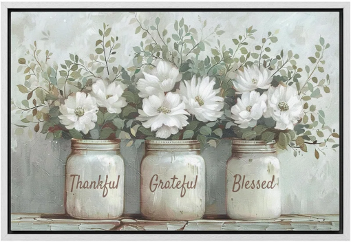 bottled plant thankful grateful blessed inspirational green floral rustic mason jar large canvas print wall art