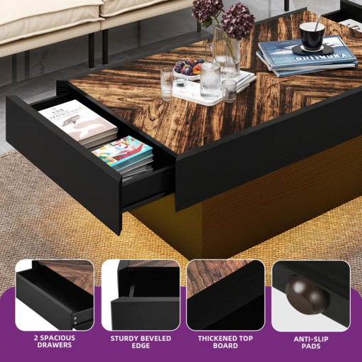 pedestal coffee table with 2 drawers, led coffee table with music sync