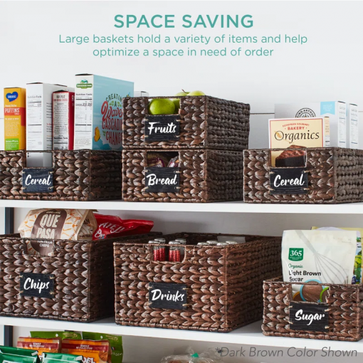 13in woven water hyacinth pantry baskets w/ chalkboard label, chalk marker