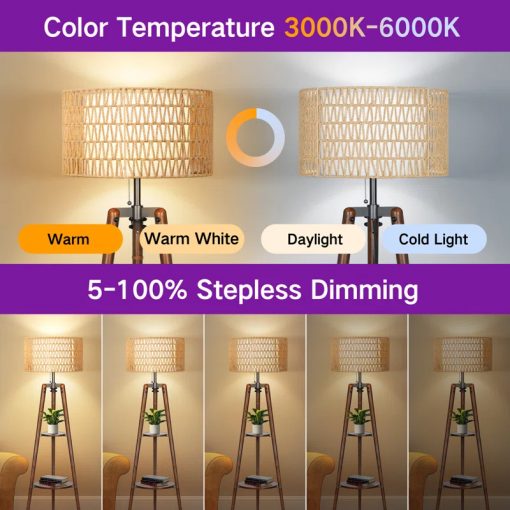 acklins 61" dimmable tripod floor lamp rattan linen dual lampshades, remote bulbs