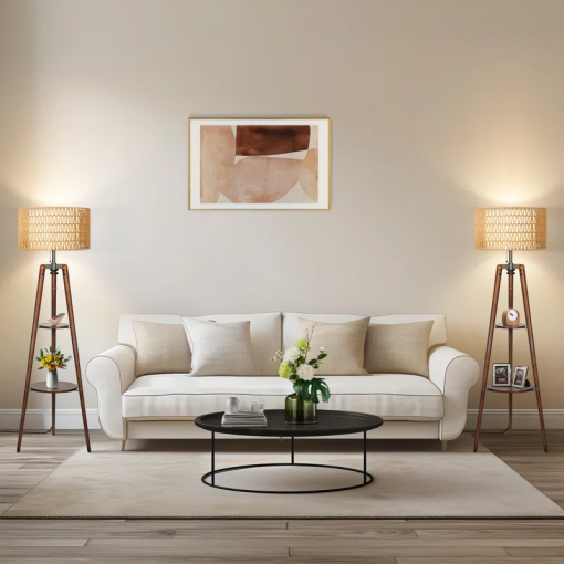 acklins 61" dimmable tripod floor lamp rattan linen dual lampshades, remote bulbs
